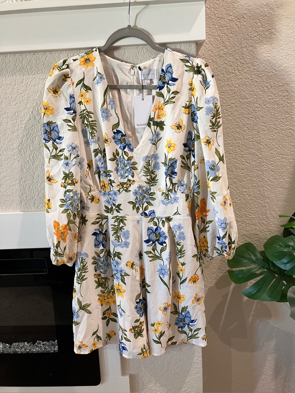 Sugarlips White Floral V-Neck Romper with Blue & Yellow Blooms
